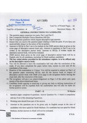 CA Inter May 2023 Question Paper - Paper 6 – Auditing and Assurance