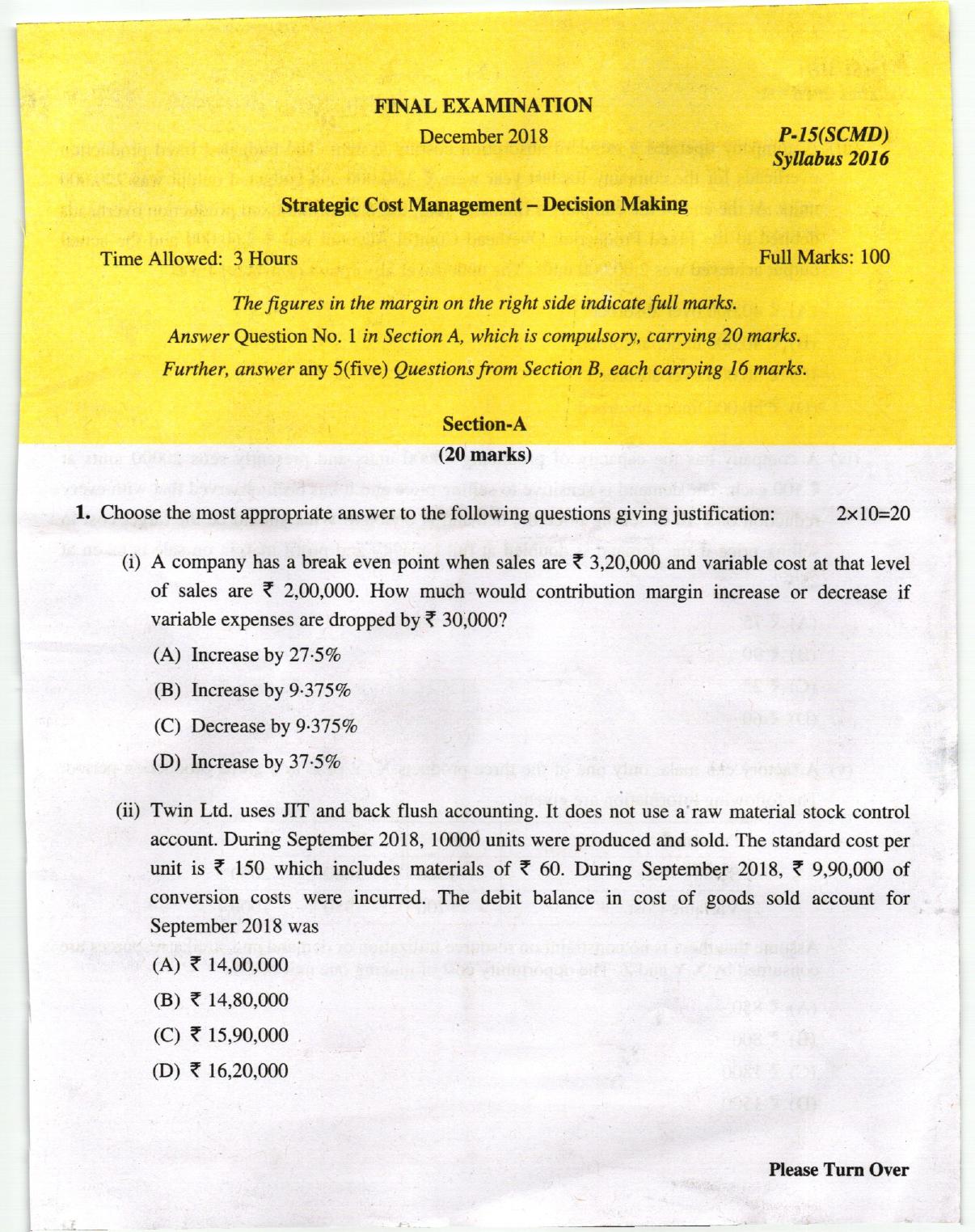 ICMAI Dec 2018 Strategic Cost Management- Decision Making Question Paper (Final) - Page 1
