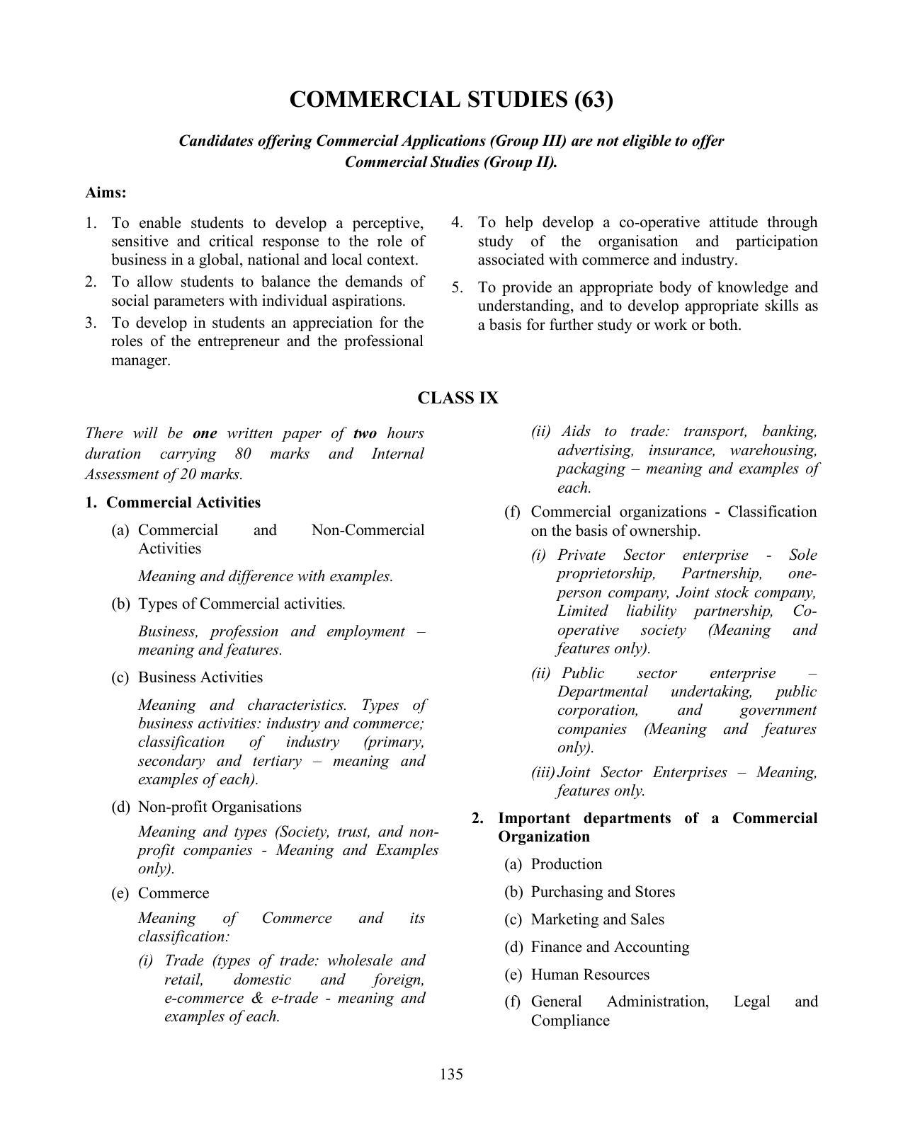 ICSE Commercial Studies Syllabus - Page 1