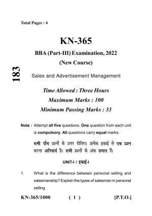 Sarguja University Question Paper - 2022 :   B.B.A Part Three Sales & Advertisement Management Paper I