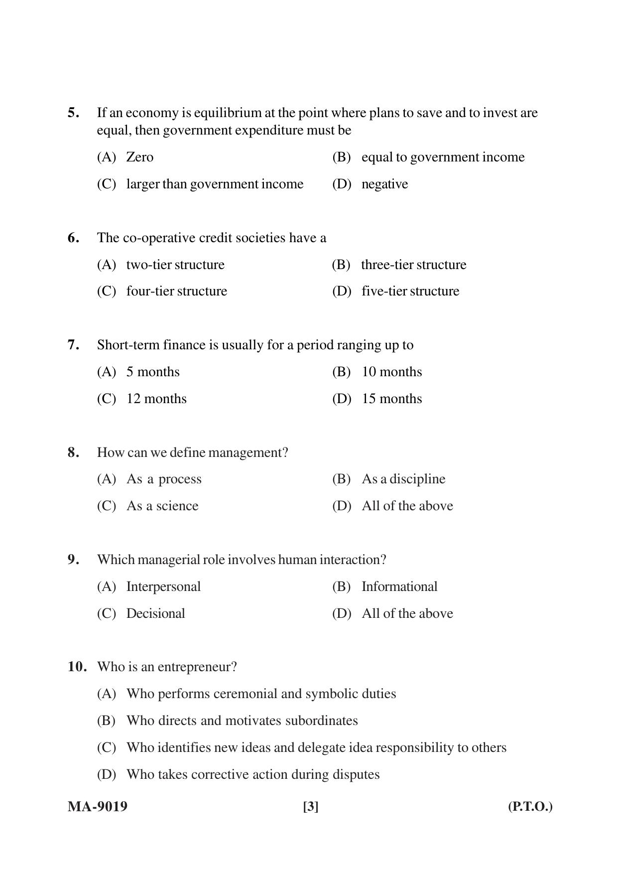 Mysore University PG Entrance Exam 2022: M.B.A Agribusiness Management Question Paper - Page 3