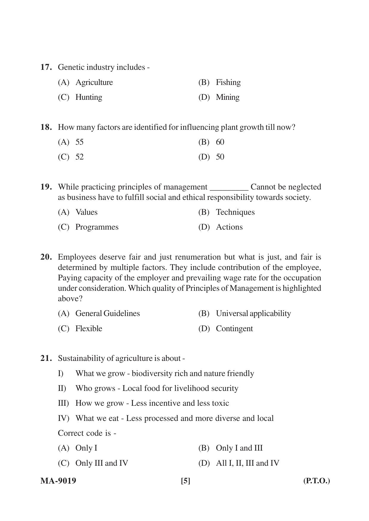 Mysore University PG Entrance Exam 2022: M.B.A Agribusiness Management Question Paper - Page 5