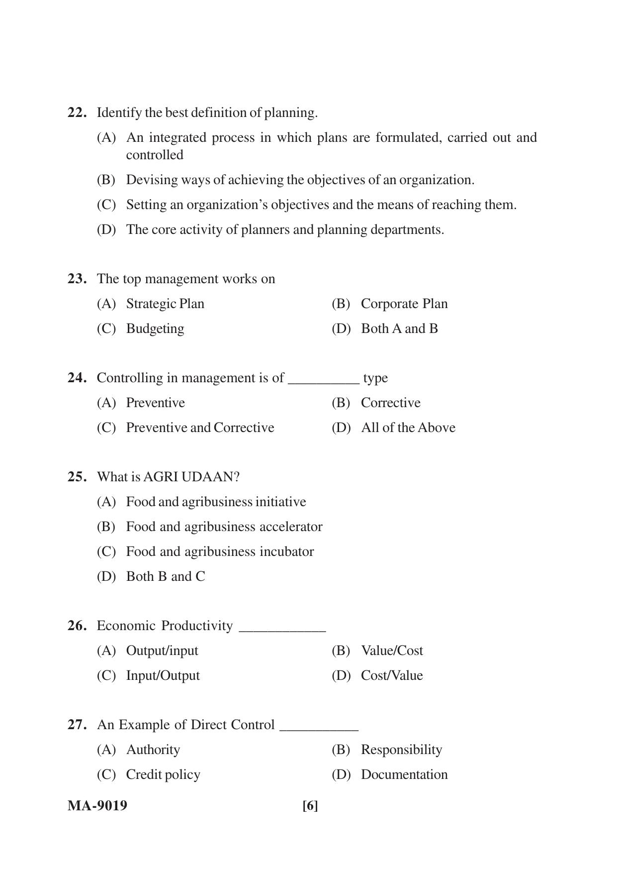 Mysore University PG Entrance Exam 2022: M.B.A Agribusiness Management Question Paper - Page 6