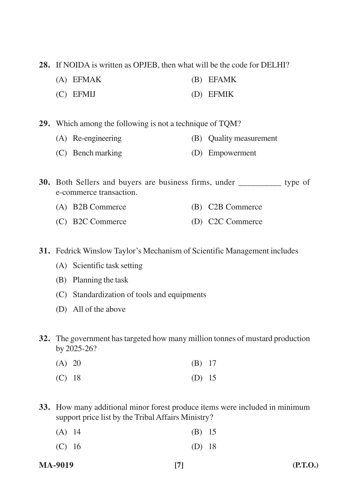 Mysore University PG Entrance Exam 2022: M.B.A Agribusiness Management Question Paper - Page 7