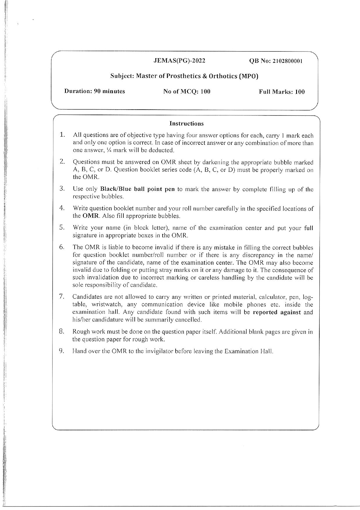 WBJEEB JEMAS (PG) 2022 MPO Question Paper - Page 1