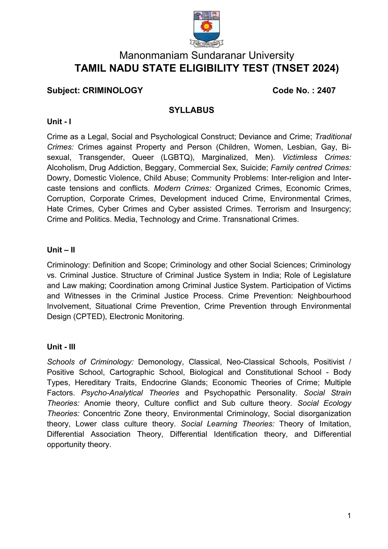 TNSET Syllabus - Criminology - Page 1