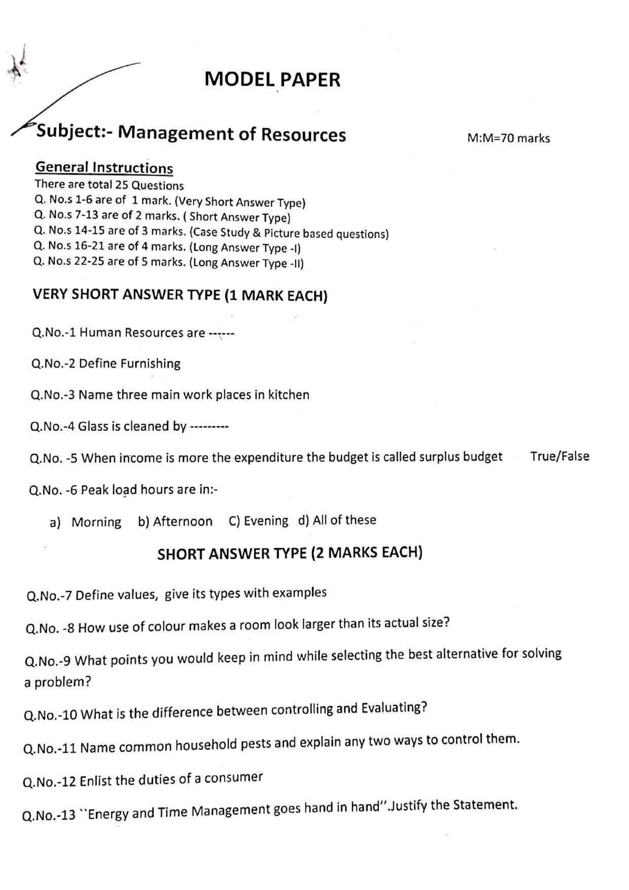 JKBOSE Class 11 Management of Resources Model Question Paper 2023 - Page 1