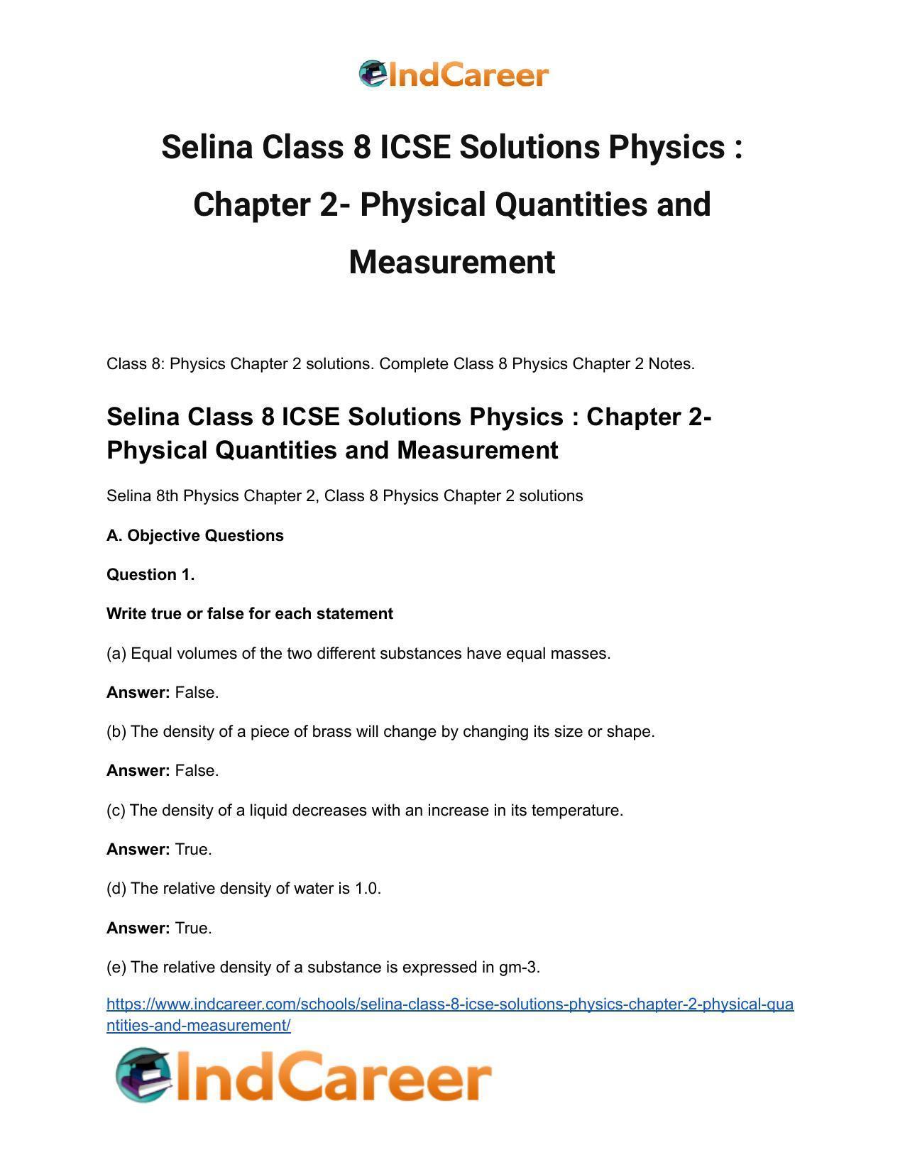 Selina Class 8 ICSE Solutions Physics : Chapter 2- Physical Quantities and Measurement - Page 2