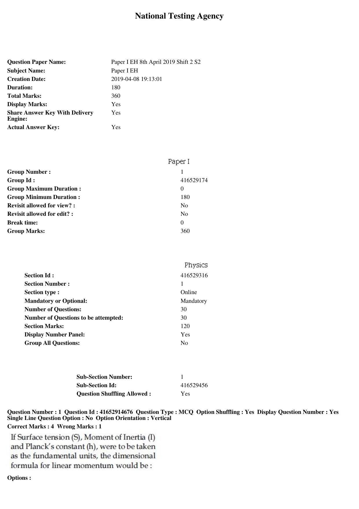 JEE Main 2019 Paper I Question Paper (8th April 2019 Shift 2) - Page 1