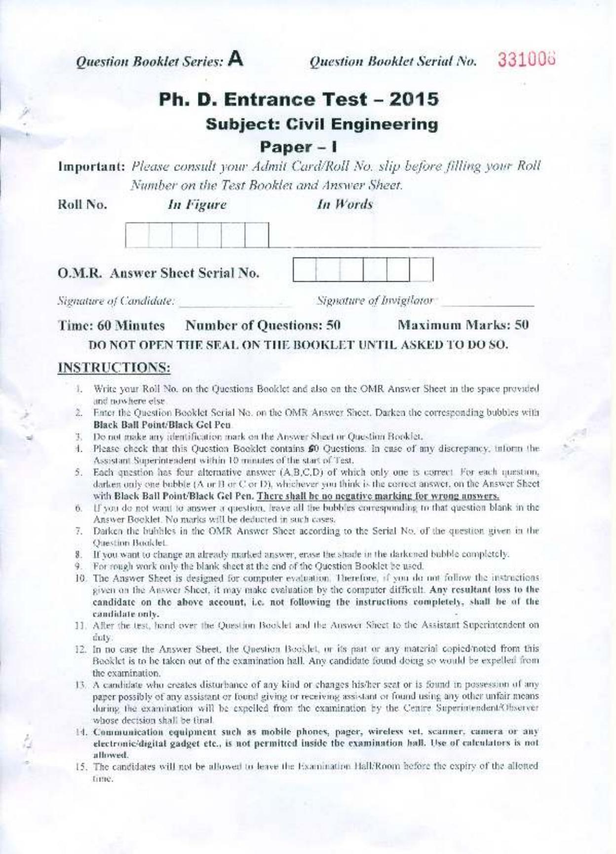 PU MPET Civil Engineering 2015 Question Paper - Page 1