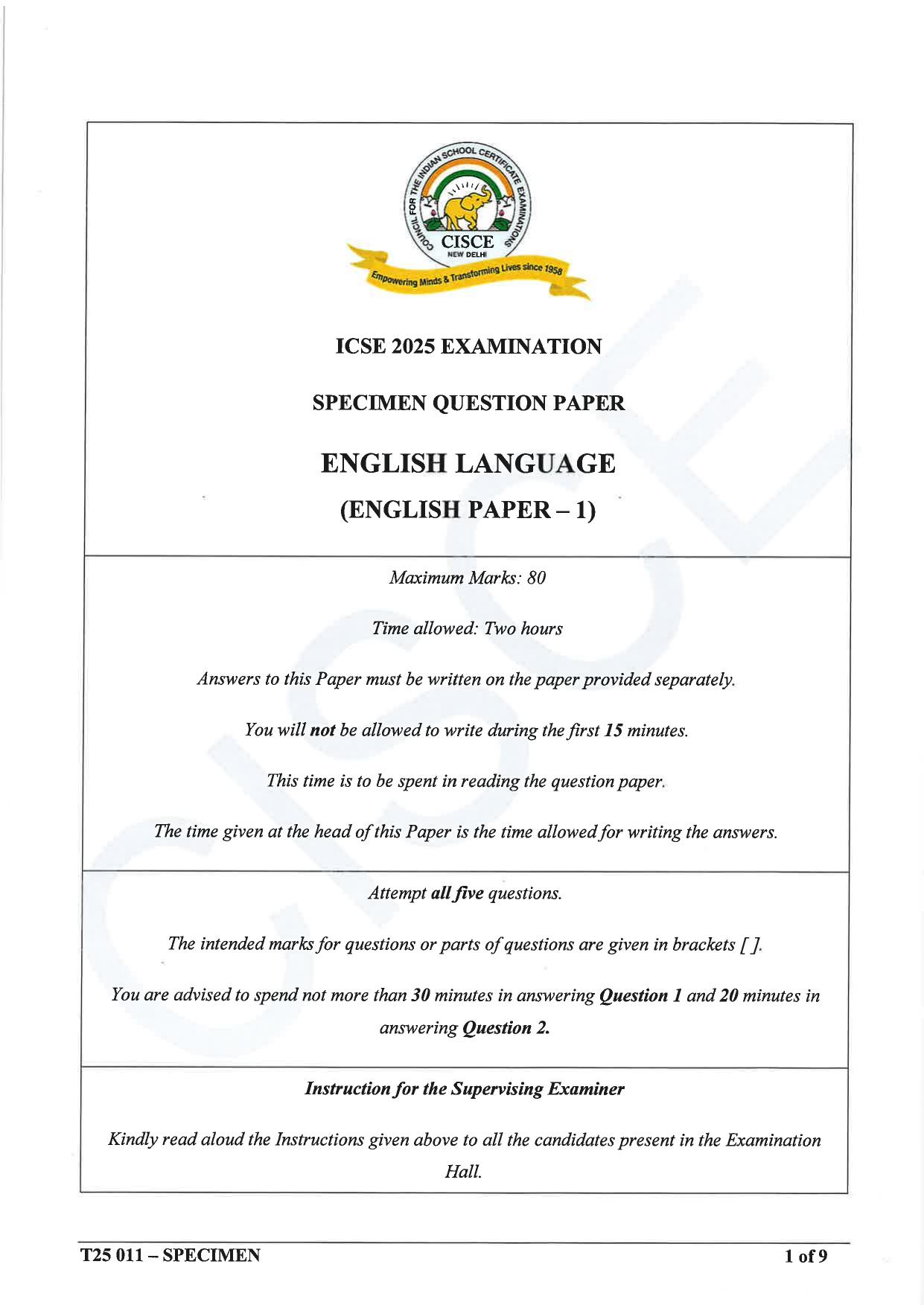 ICSE Class 10 2025 English Language (English Paper 1) (QP & MS) Specimen Paper - Page 1