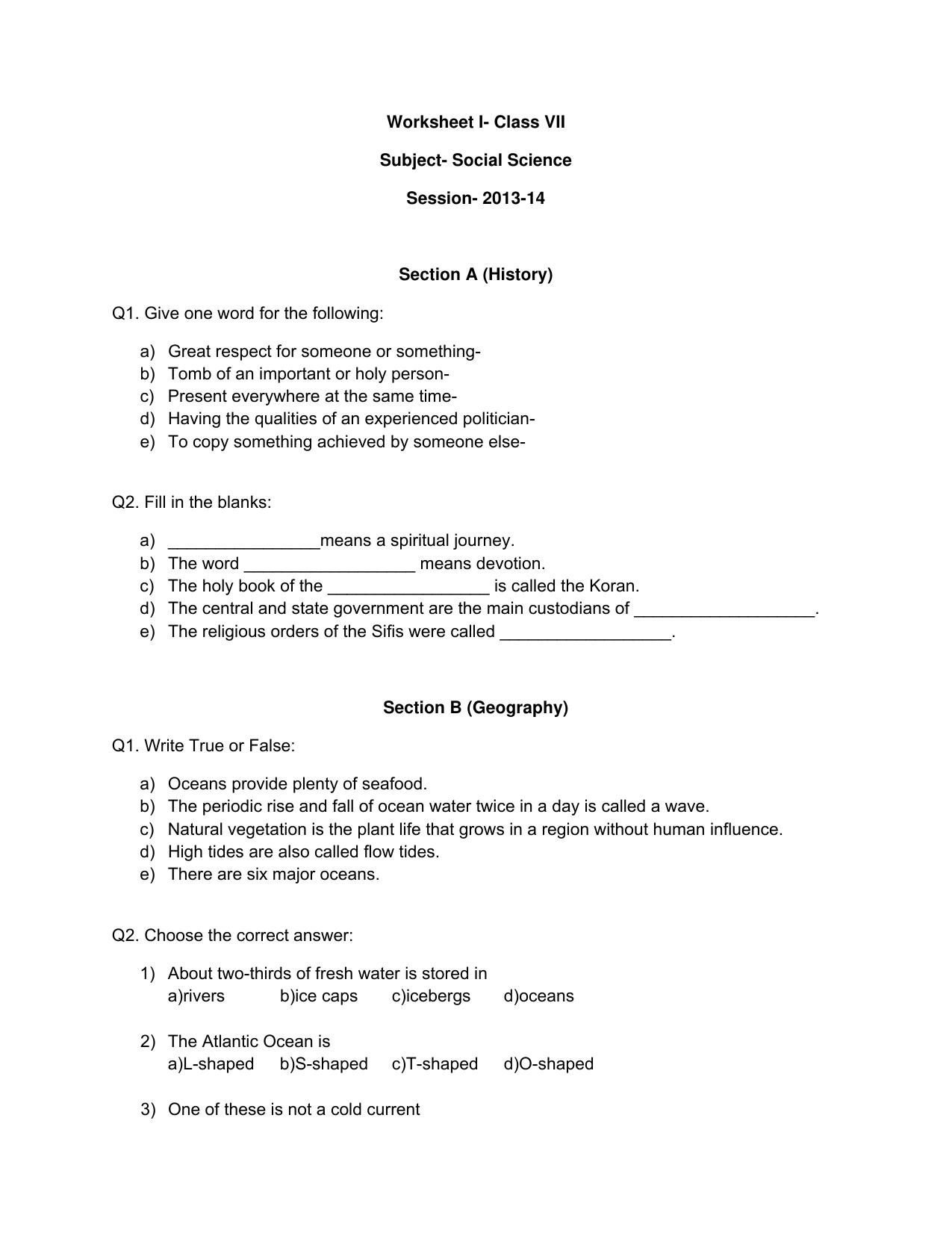 CBSE Worksheets for Class 7 Social Science Assignment 3 - Page 1