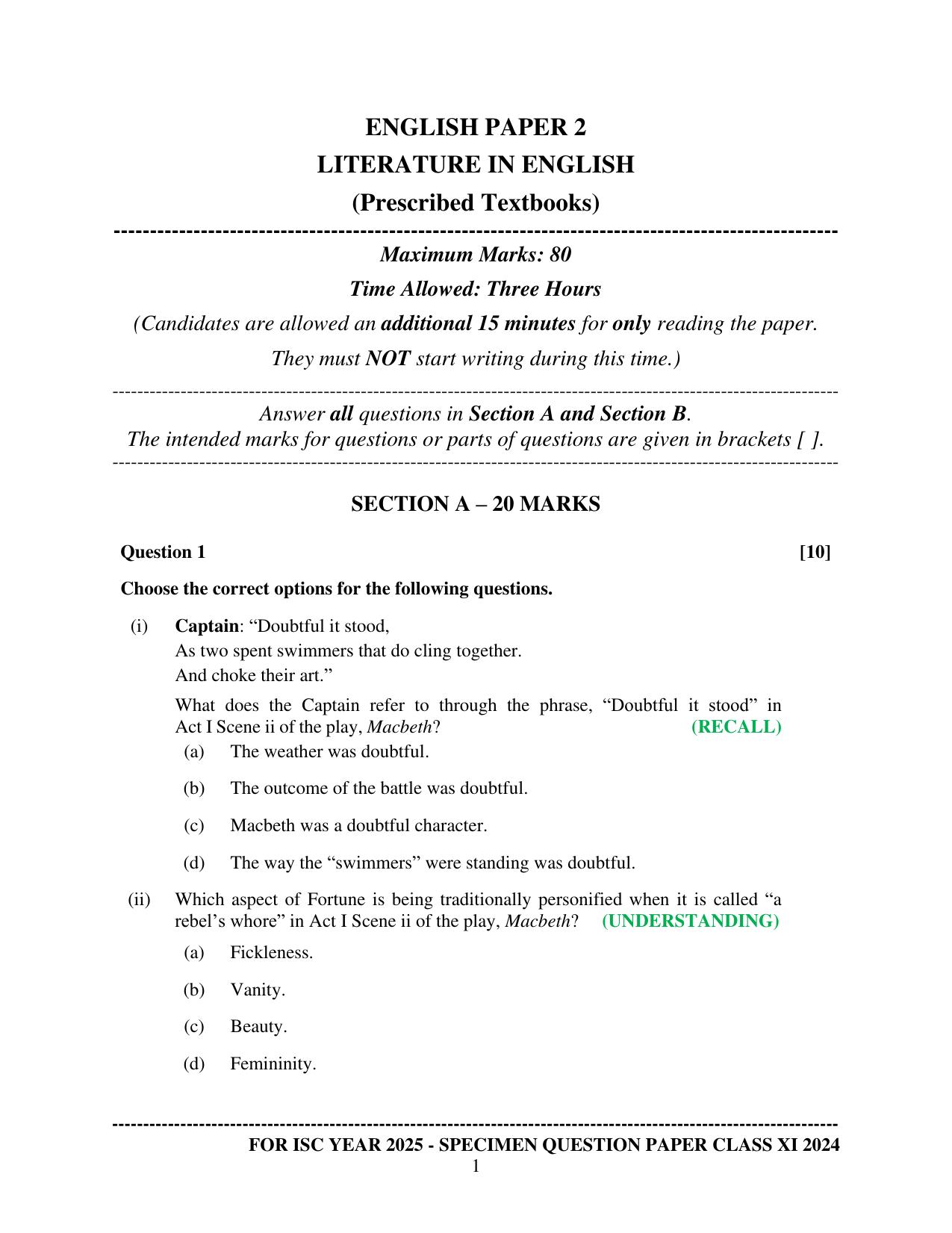 ISC Class 11 2024 English Literature Sample Paper - Page 1