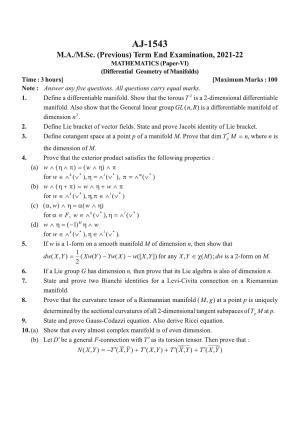 Bilaspur University Question Paper 2021-2022:M.A (Previous) Mathematics  Differential Geometry o Manfolds Paper 1