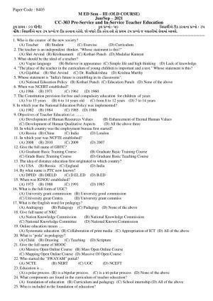 Hemchand North Gujarat University Sample Paper July-Sept 2021: M ED Sem – III CC-303  Pre - Service and In - Service Teacher Education (Old Course)