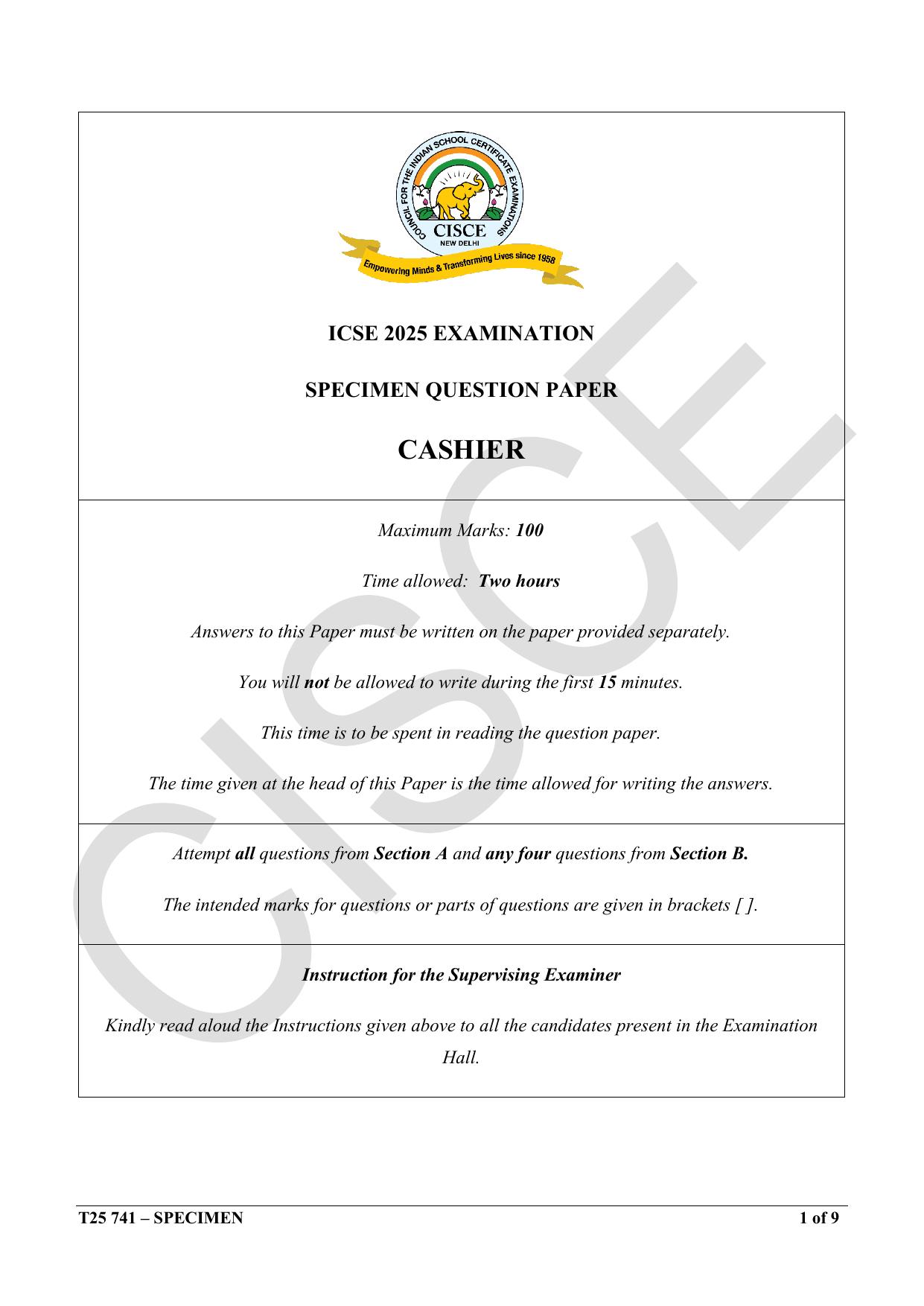 ICSE Class 10 2025 Cashier (QP & MS) Specimen Paper - Page 1