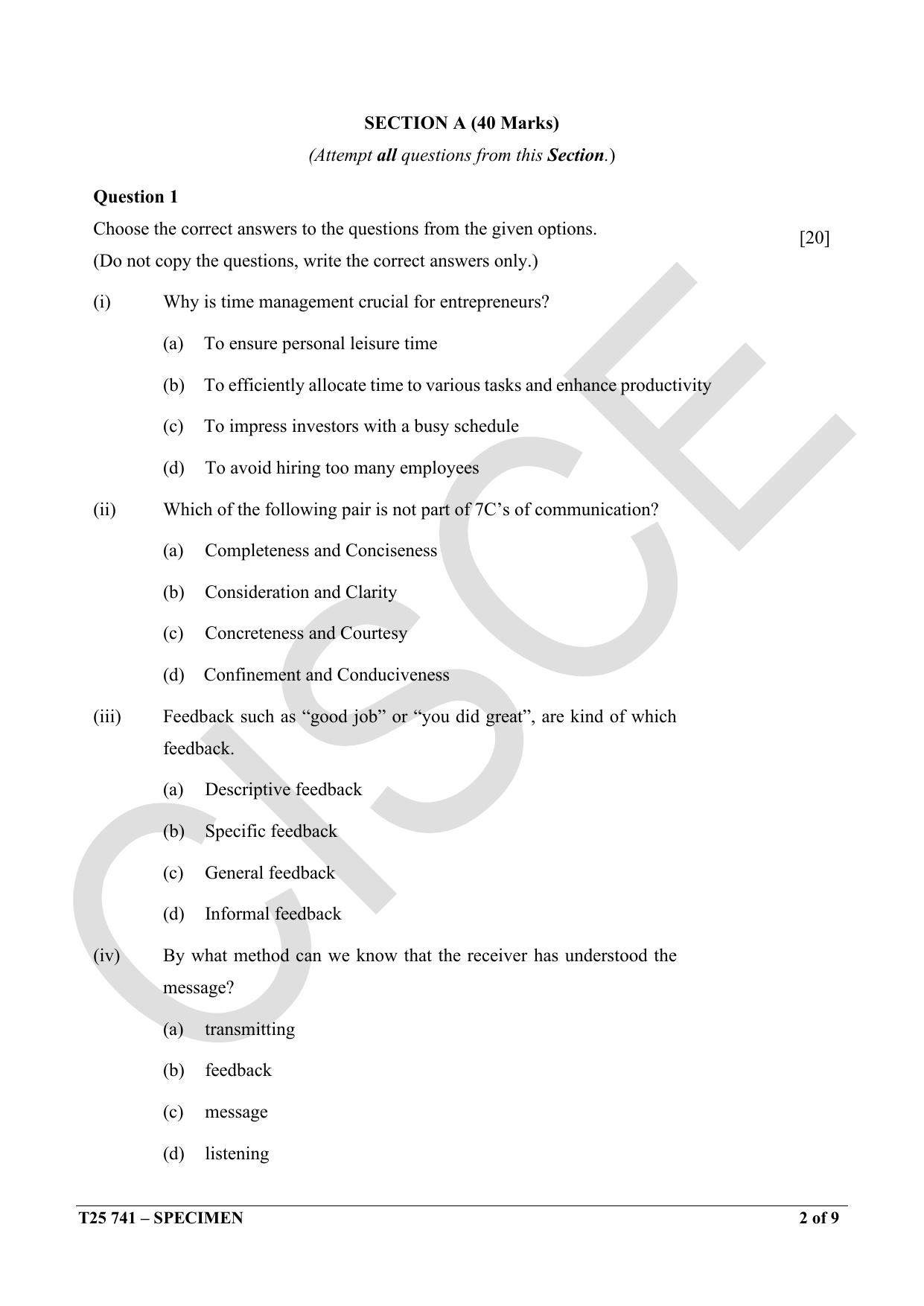 ICSE Class 10 2025 Cashier (QP & MS) Specimen Paper - Page 2