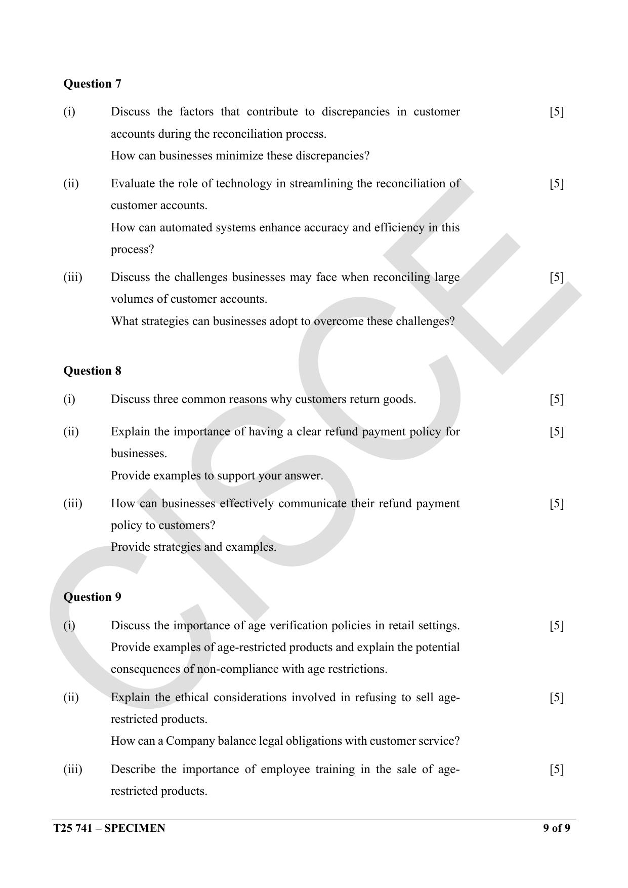ICSE Class 10 2025 Cashier (QP & MS) Specimen Paper - Page 9