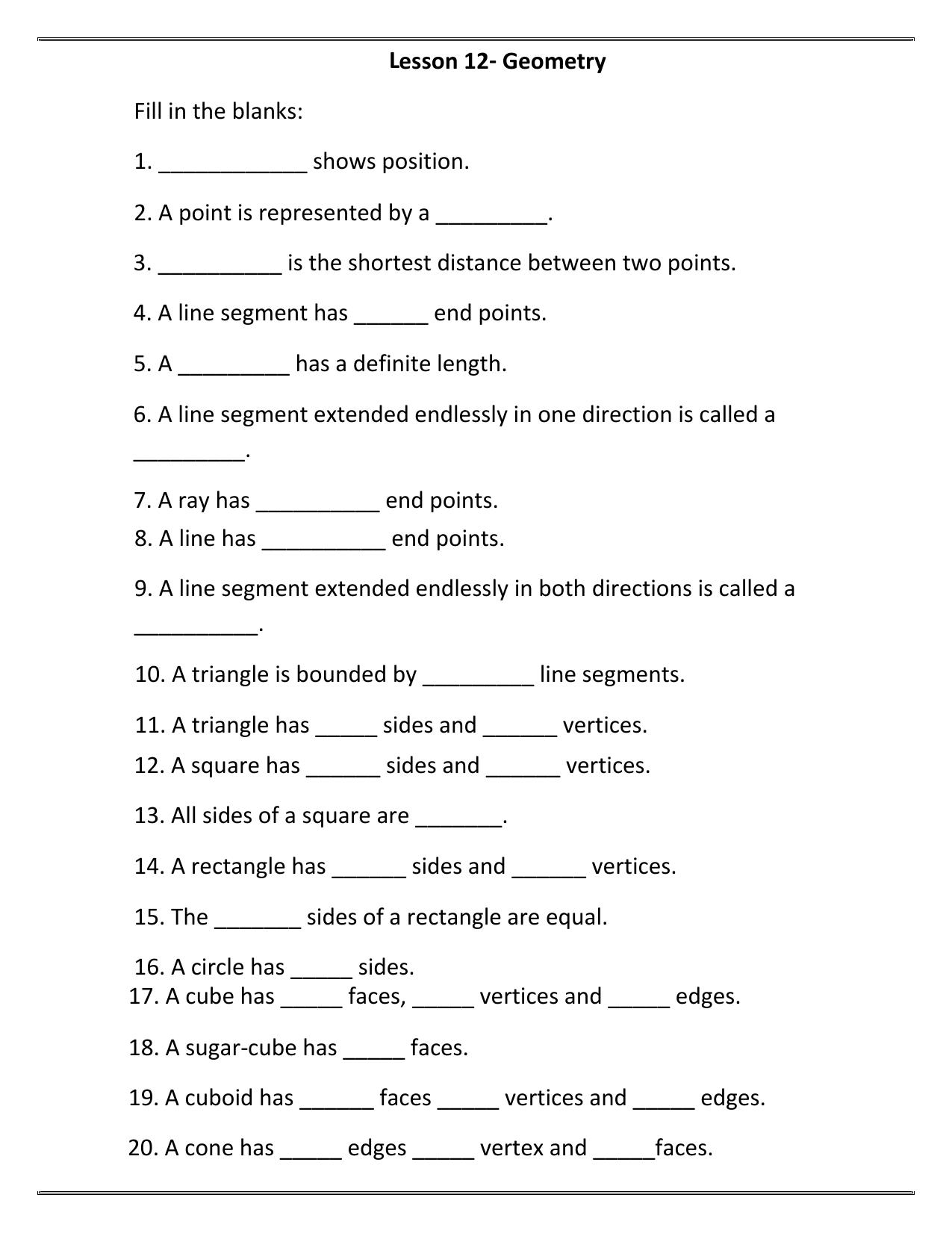 Worksheet for Class 3 Mathematics Geometry Assignment - Page 1