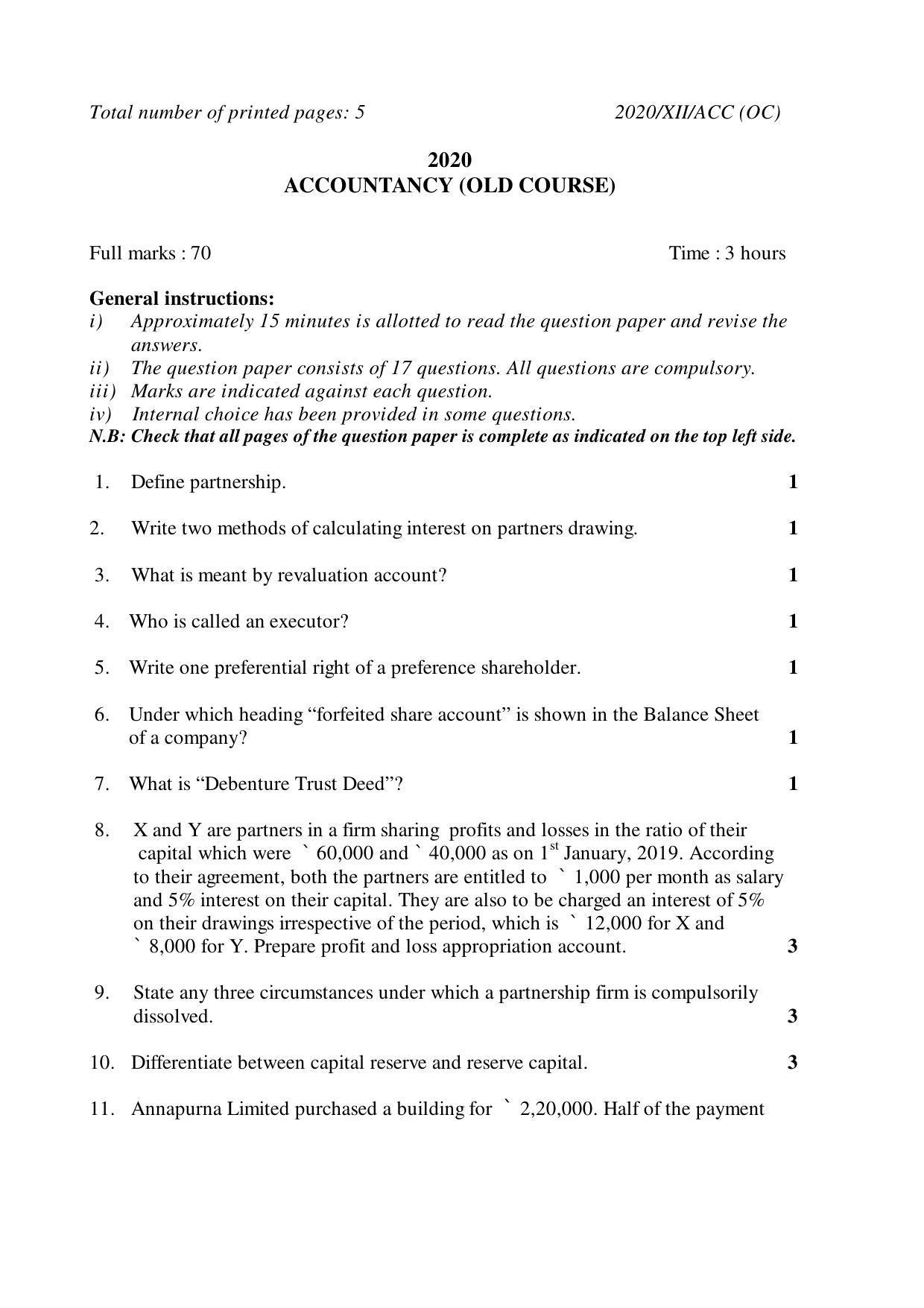 Nagaland Board Class 12 ACCOUNTANCY (OLD COURSE) 2020 Question Paper - Page 1
