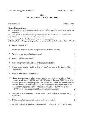 Nagaland Board Class 12 ACCOUNTANCY (OLD COURSE) 2020 Question Paper