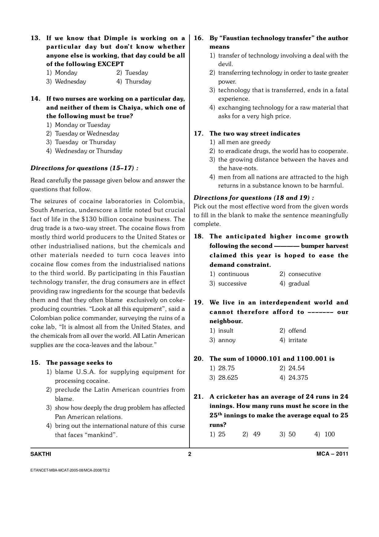 TANCET Master of Computer Applications (MCA) Question Papers 2011 - Page 2