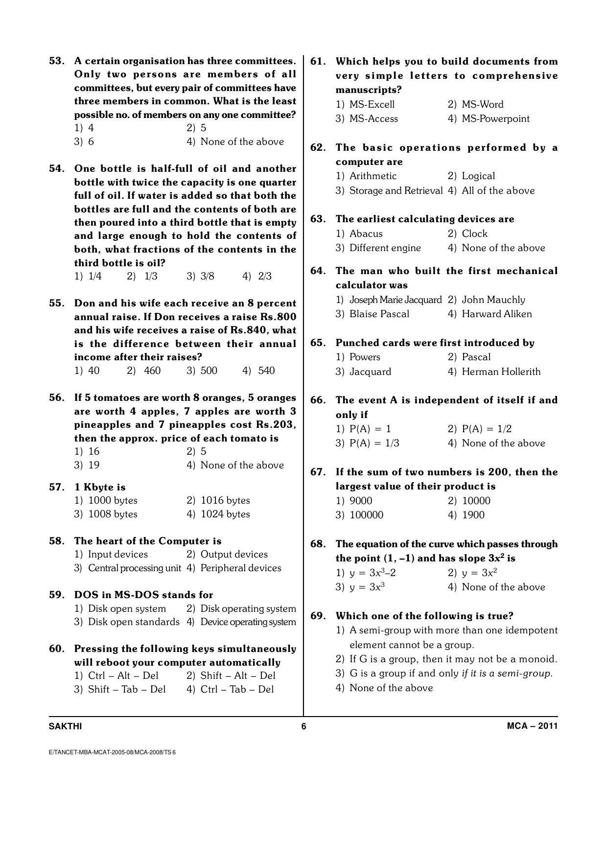 TANCET Master of Computer Applications (MCA) Question Papers 2011 - Page 6