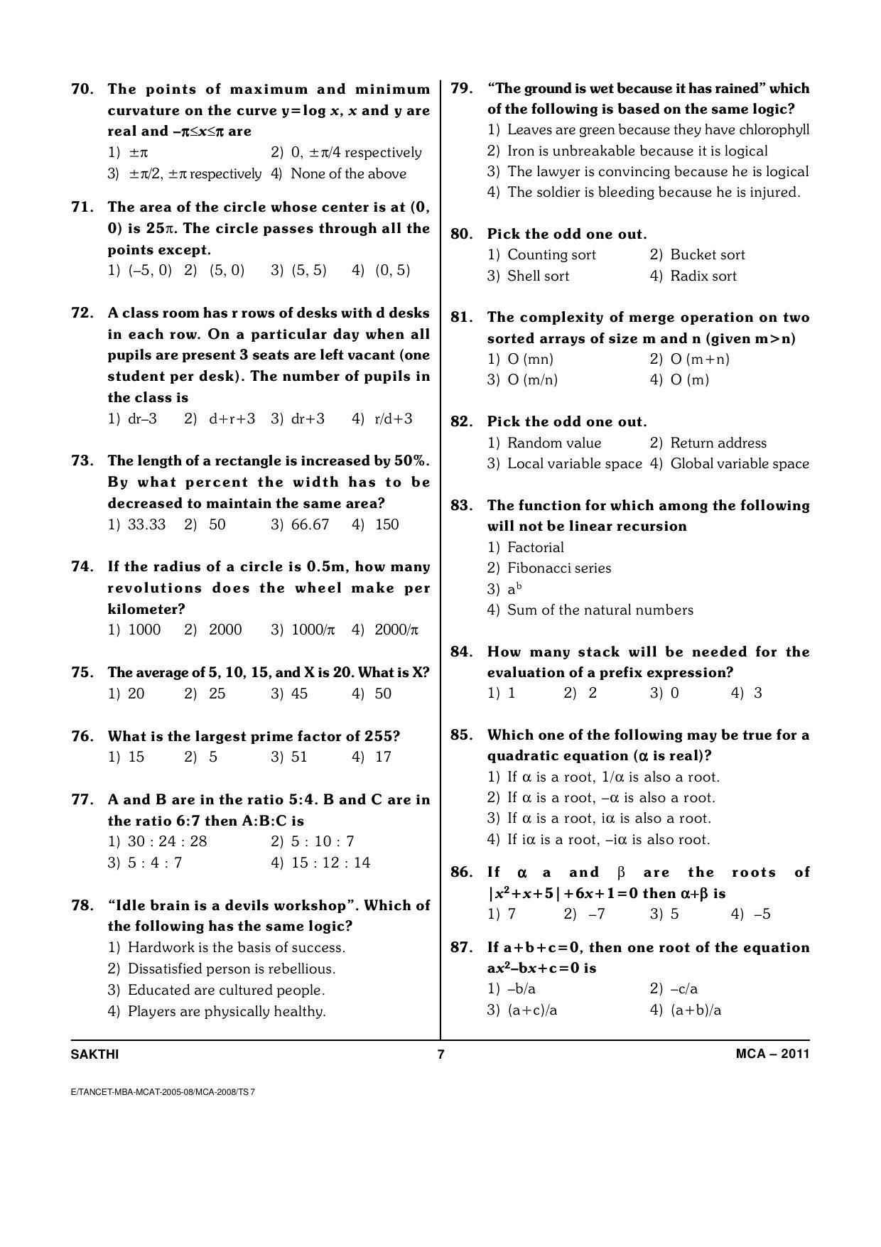TANCET Master of Computer Applications (MCA) Question Papers 2011 - Page 7
