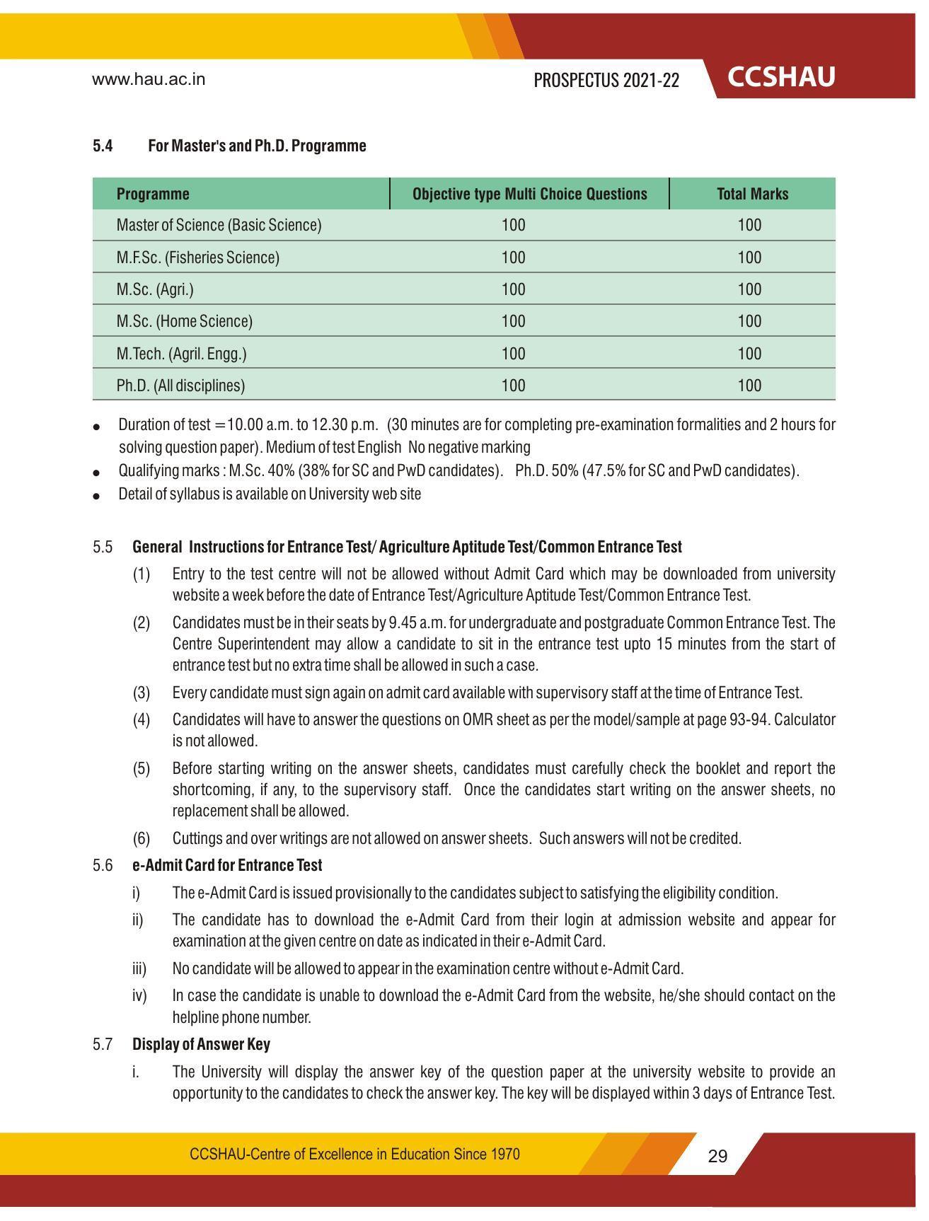 Chaudhary Charan Singh Haryana Agricultural University, Hisar 2021-22 (Prospectus) - Page 39