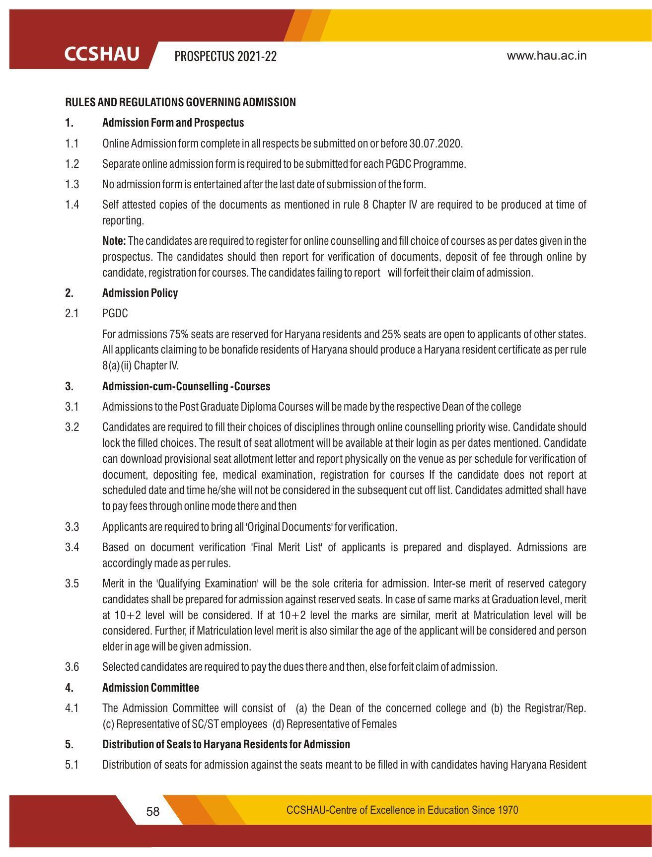 Chaudhary Charan Singh Haryana Agricultural University, Hisar 2021-22 (Prospectus) - Page 68