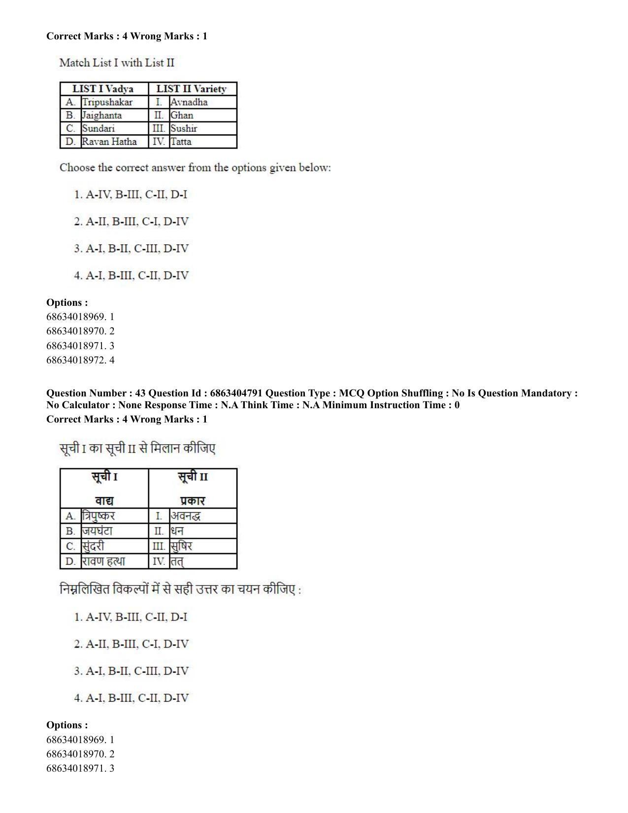 CUET PG 2023: HUQP25 – Music- Percussion (Eng.) - Shift 1 (5-06-2023) Question Paper - Page 43
