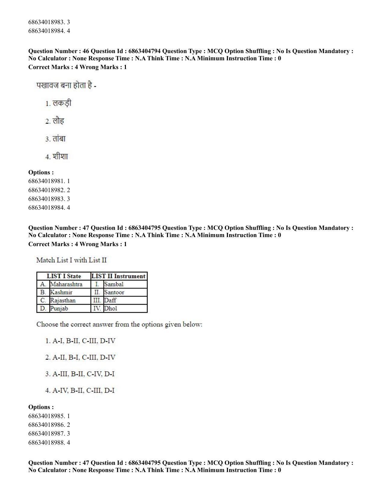 CUET PG 2023: HUQP25 – Music- Percussion (Eng.) - Shift 1 (5-06-2023) Question Paper - Page 46