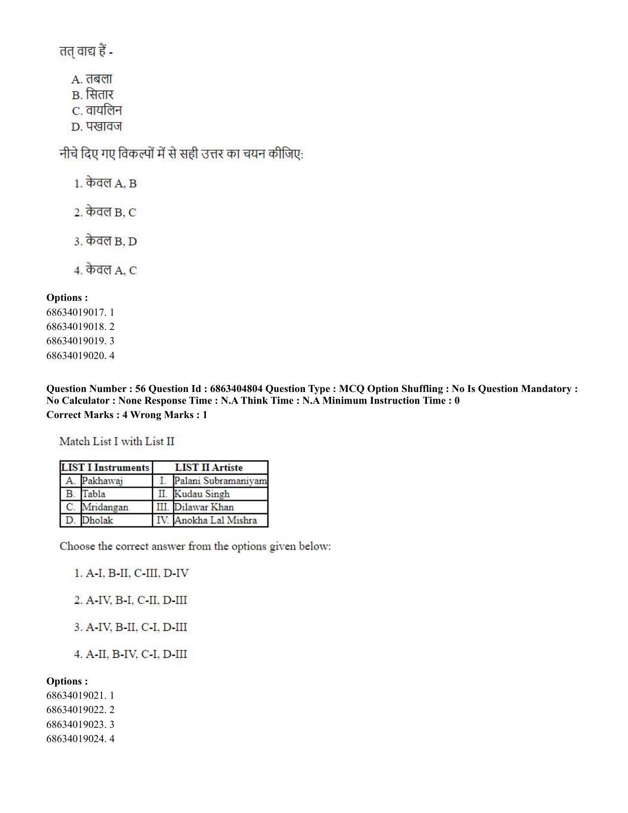 CUET PG 2023: HUQP25 – Music- Percussion (Eng.) - Shift 1 (5-06-2023) Question Paper - Page 55