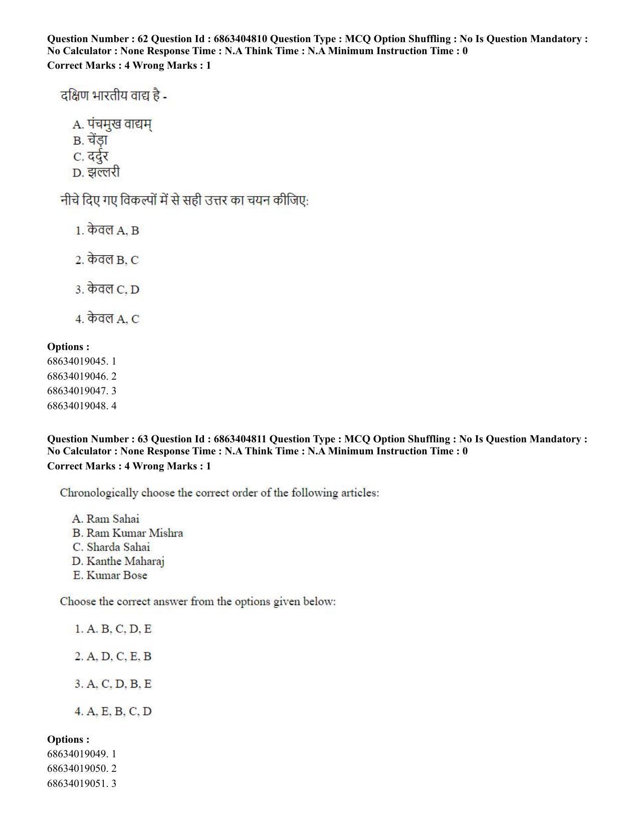 CUET PG 2023: HUQP25 – Music- Percussion (Eng.) - Shift 1 (5-06-2023) Question Paper - Page 62