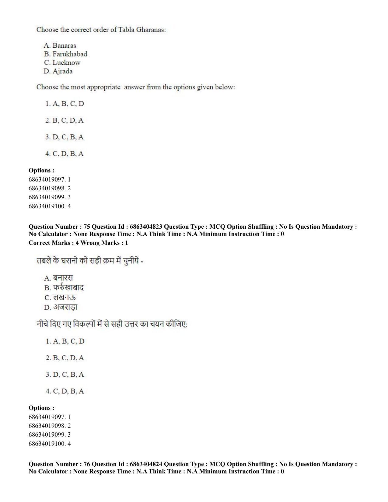 CUET PG 2023: HUQP25 – Music- Percussion (Eng.) - Shift 1 (5-06-2023) Question Paper - Page 74