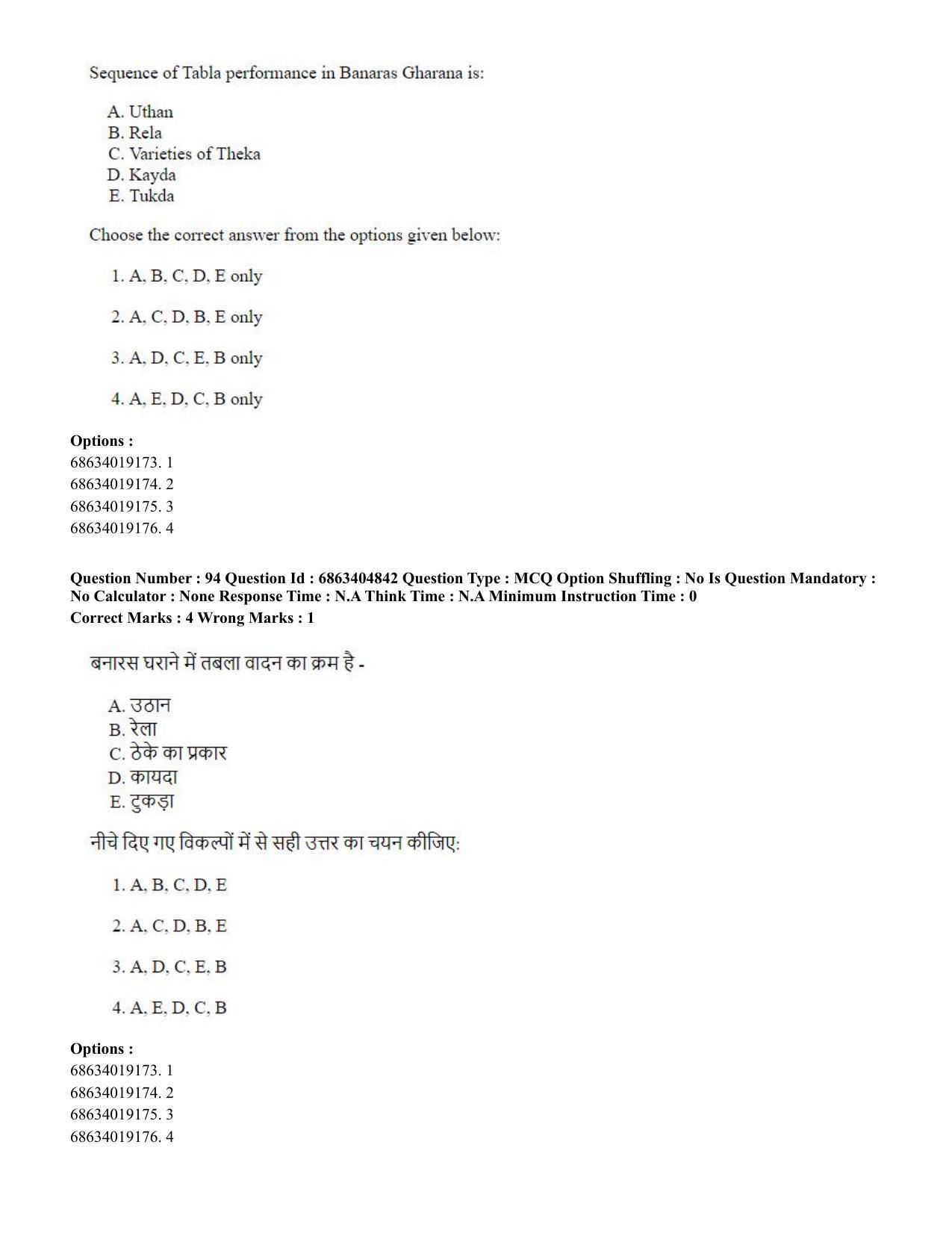CUET PG 2023: HUQP25 – Music- Percussion (Eng.) - Shift 1 (5-06-2023) Question Paper - Page 92