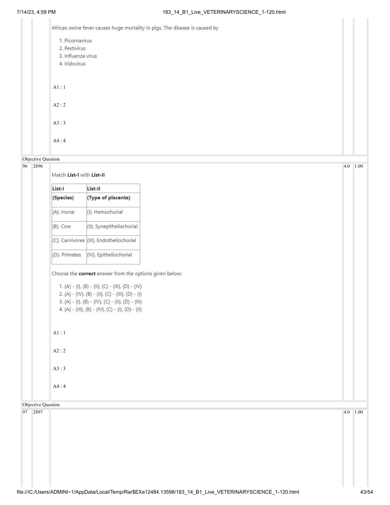 ICAR AIEEA PG 2023 VETERINARY SCIENCE Question Paper- 14 July 2023 - Page 43