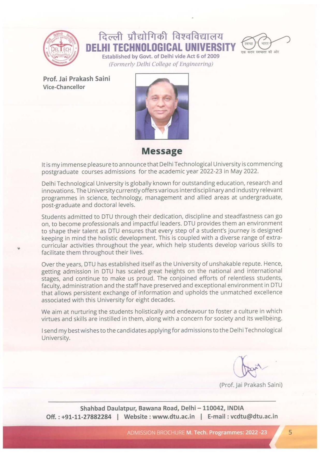 Delhi Technological University, Delhi MTech. Admission Brochure 2022-23 - Page 5