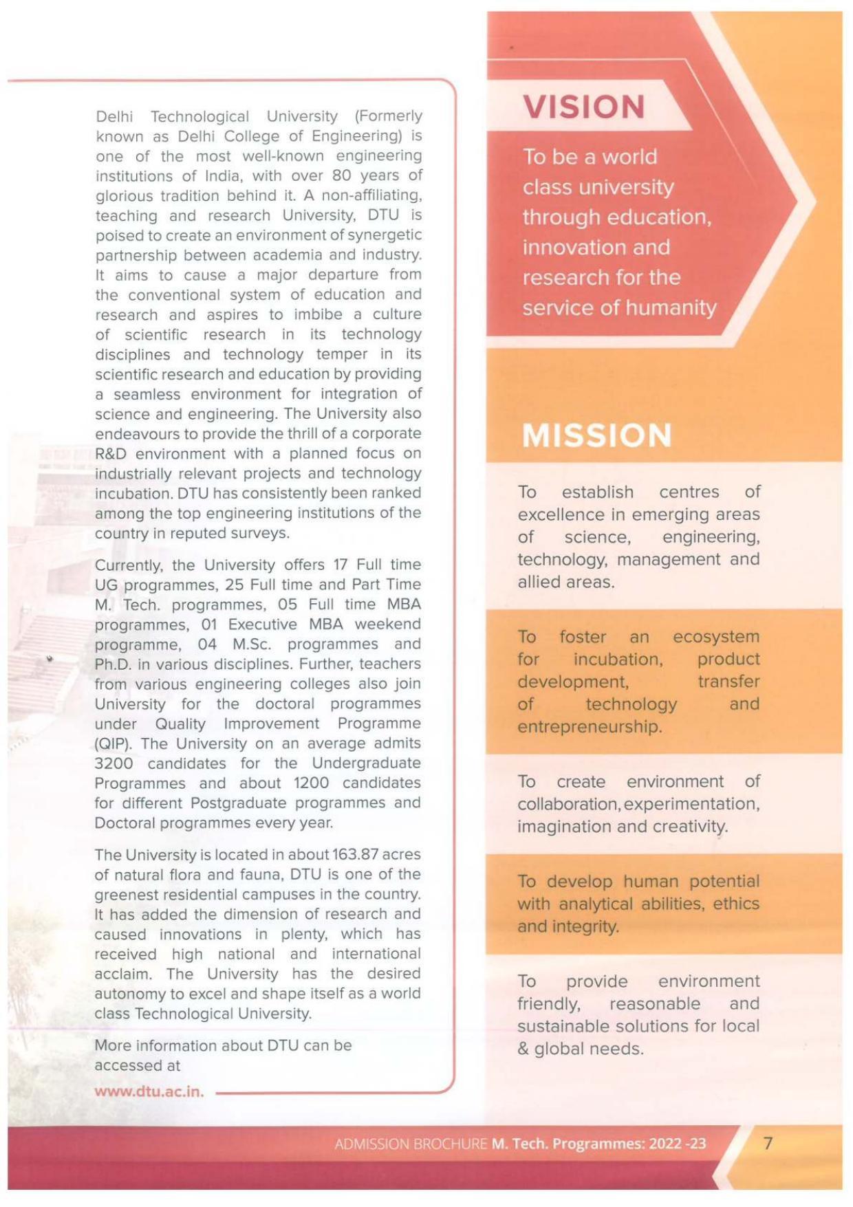 Delhi Technological University, Delhi MTech. Admission Brochure 2022-23 - Page 7