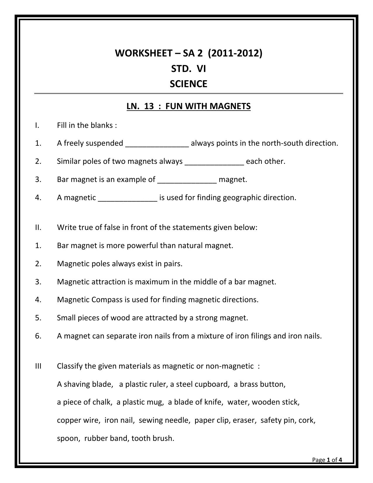 CBSE Worksheets for Class 6 Science Fun with Magnets Assignment 3 - Page 1