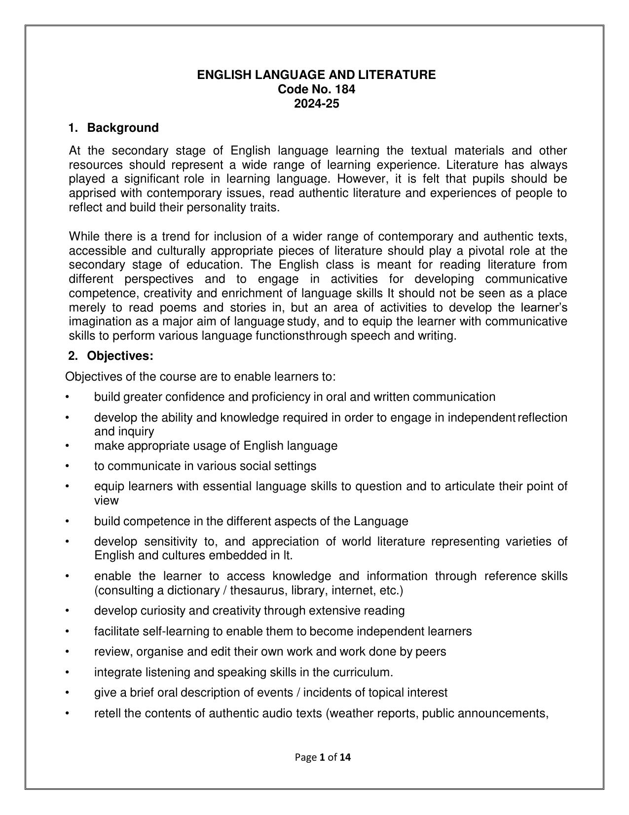 CBSE Class IX & X English language and literature Syllabus - Page 1