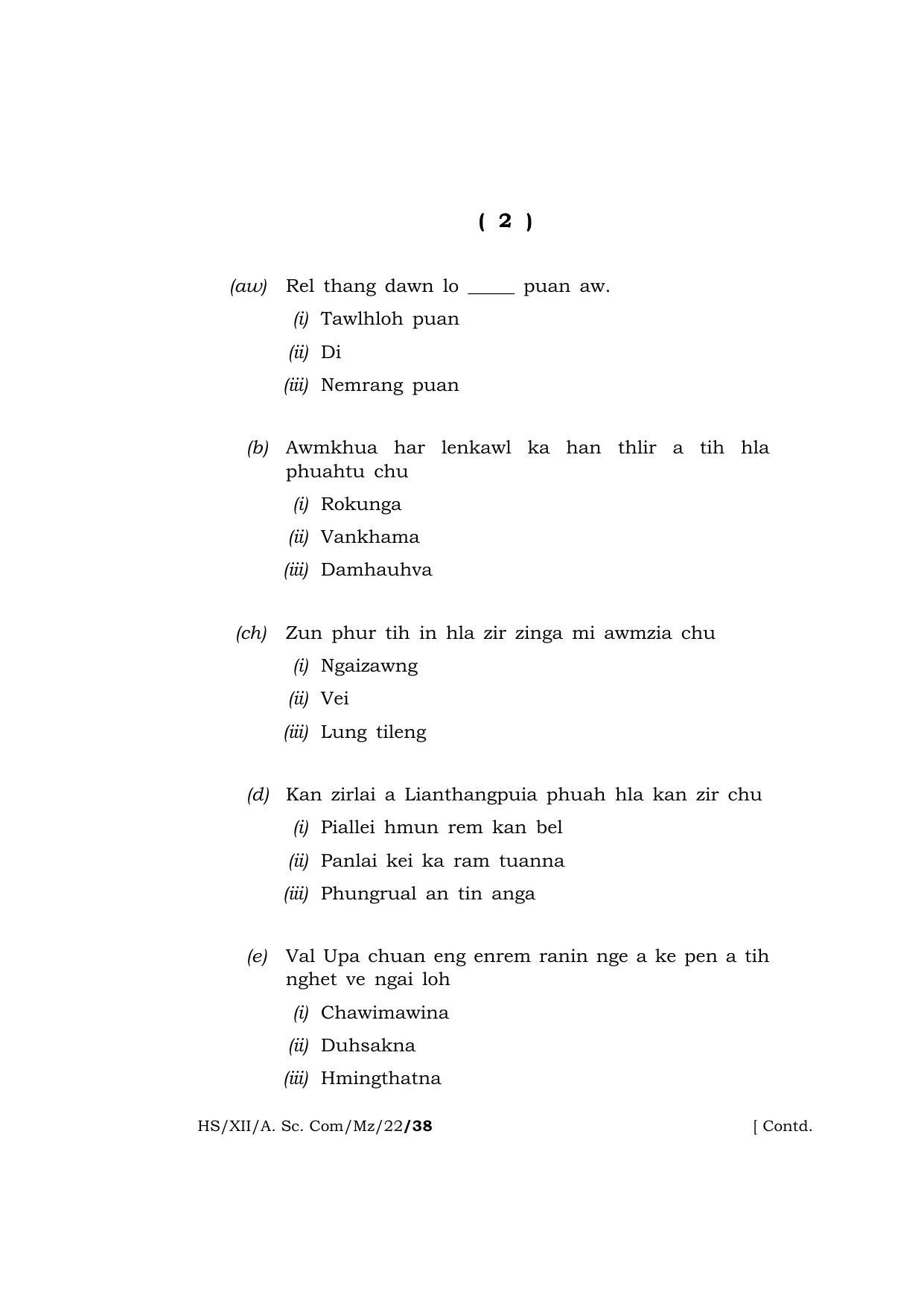 Meghalaya Board (MBOSE) Class 12 MIZO (HS_XII_A.Sc.Com_Mz_22) 2022 Question Paper - Page 2