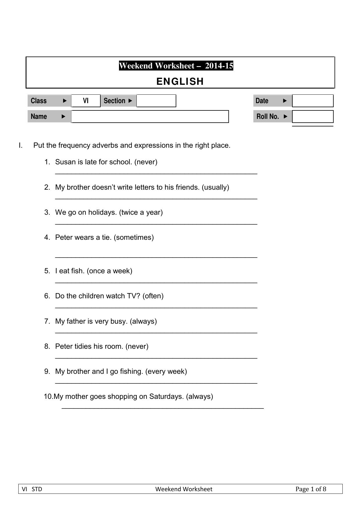 CBSE Worksheets for Class 6 English Adverbs and Expressions Assignment - Page 1