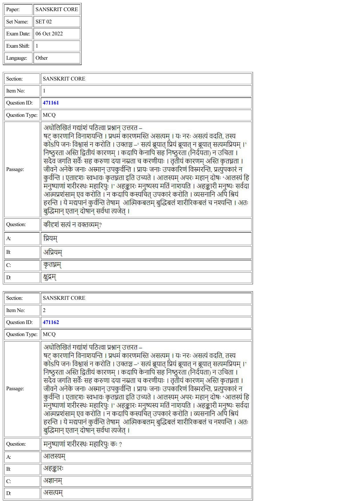 CUET 2022 Question Paper of Sanskrit Core - Page 1