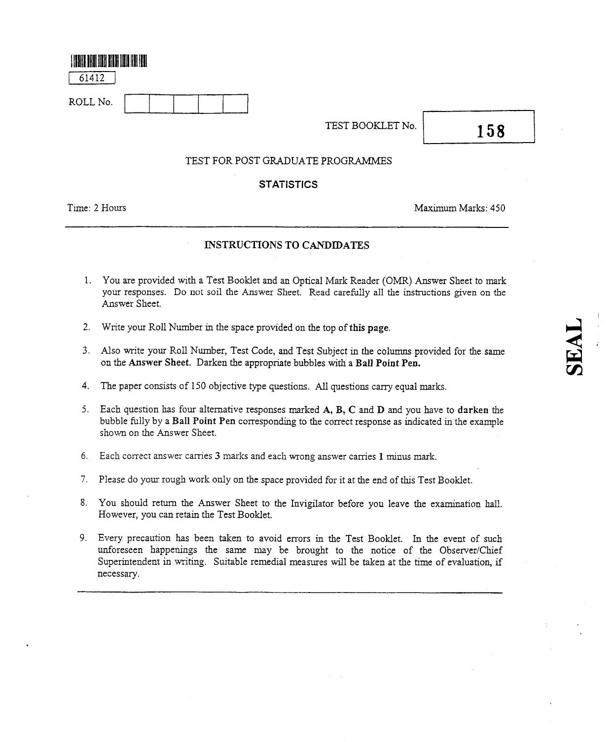 CUSAT CAT 2012 Statistics Question Paper - Page 1