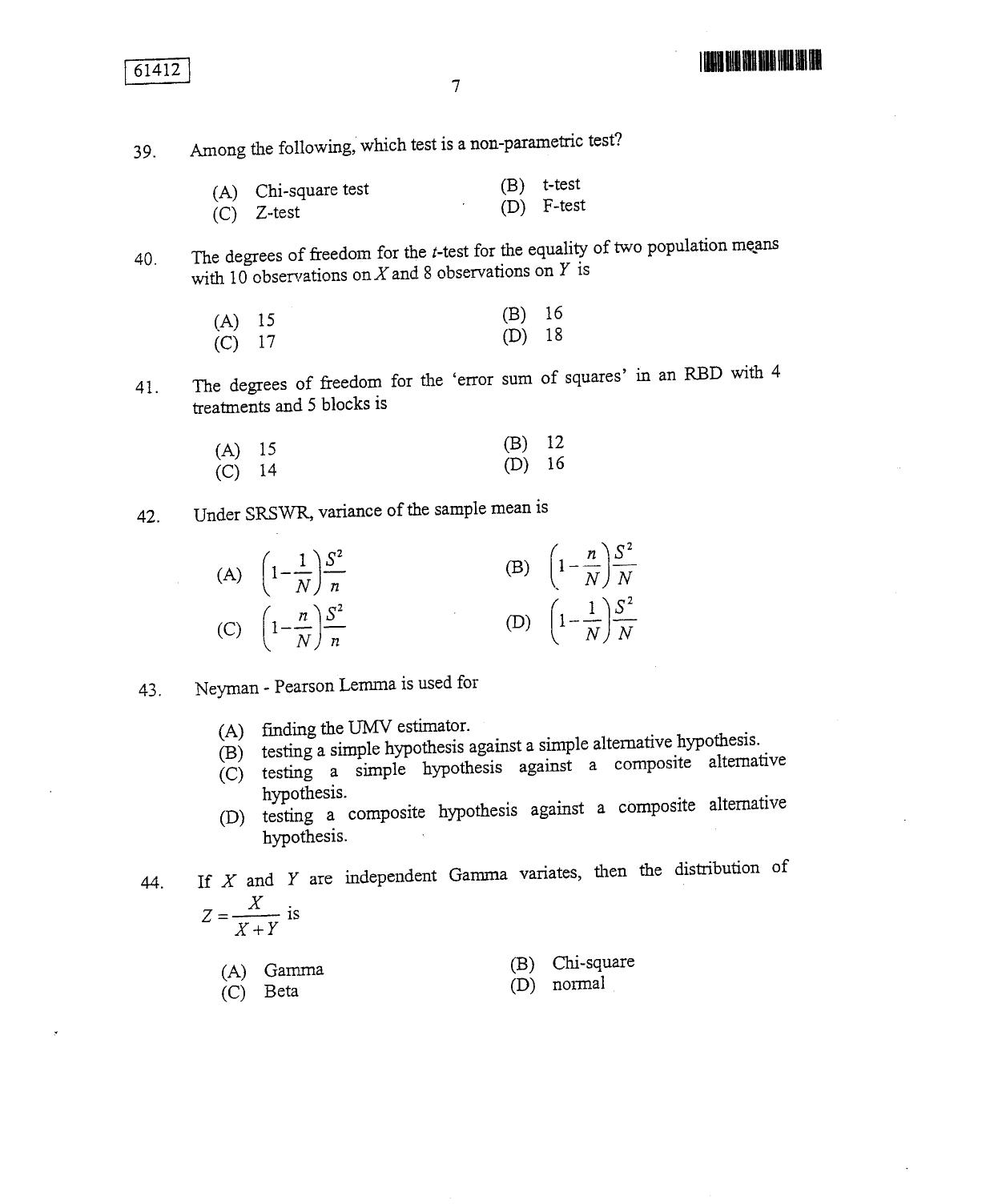 CUSAT CAT 2012 Statistics Question Paper - Page 8