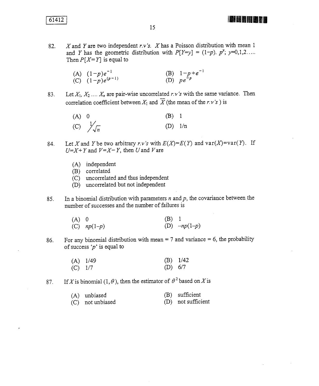 CUSAT CAT 2012 Statistics Question Paper - Page 16
