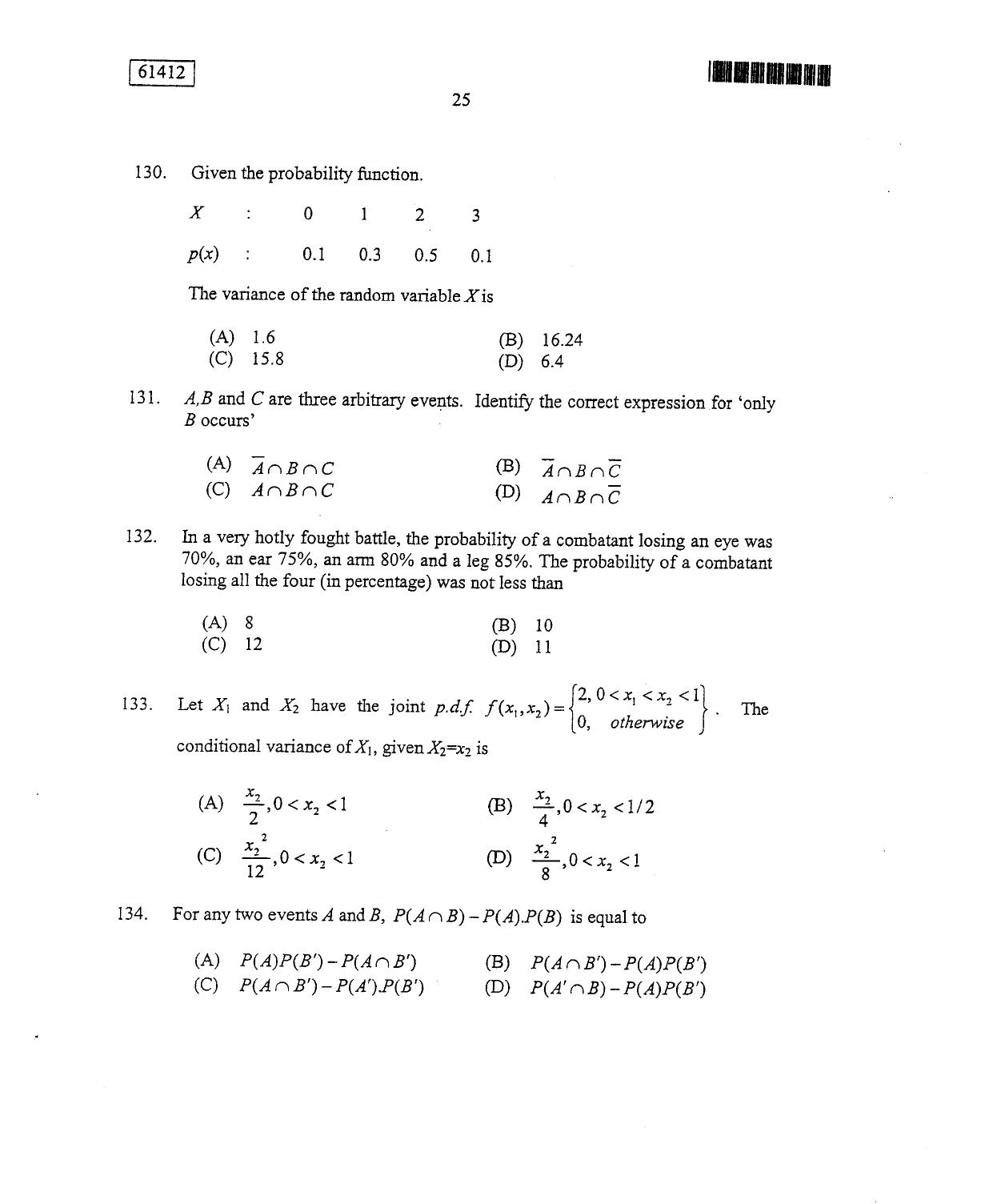 CUSAT CAT 2012 Statistics Question Paper - Page 26
