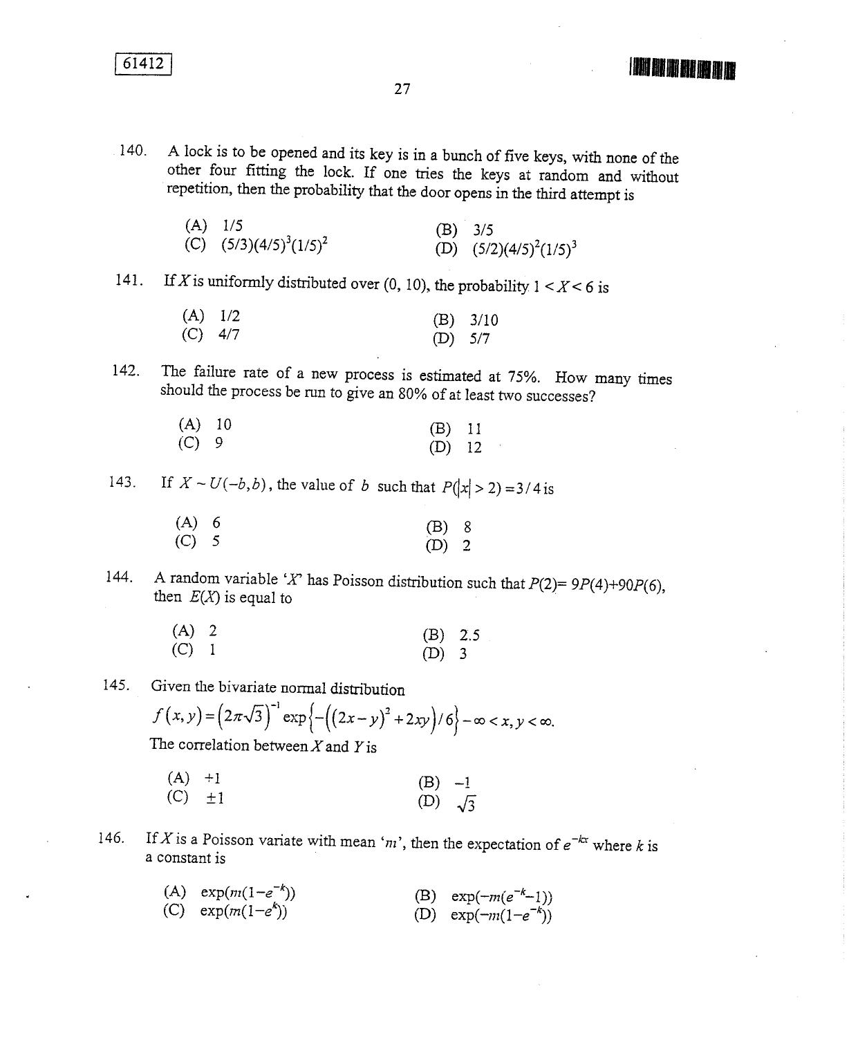 CUSAT CAT 2012 Statistics Question Paper - Page 28