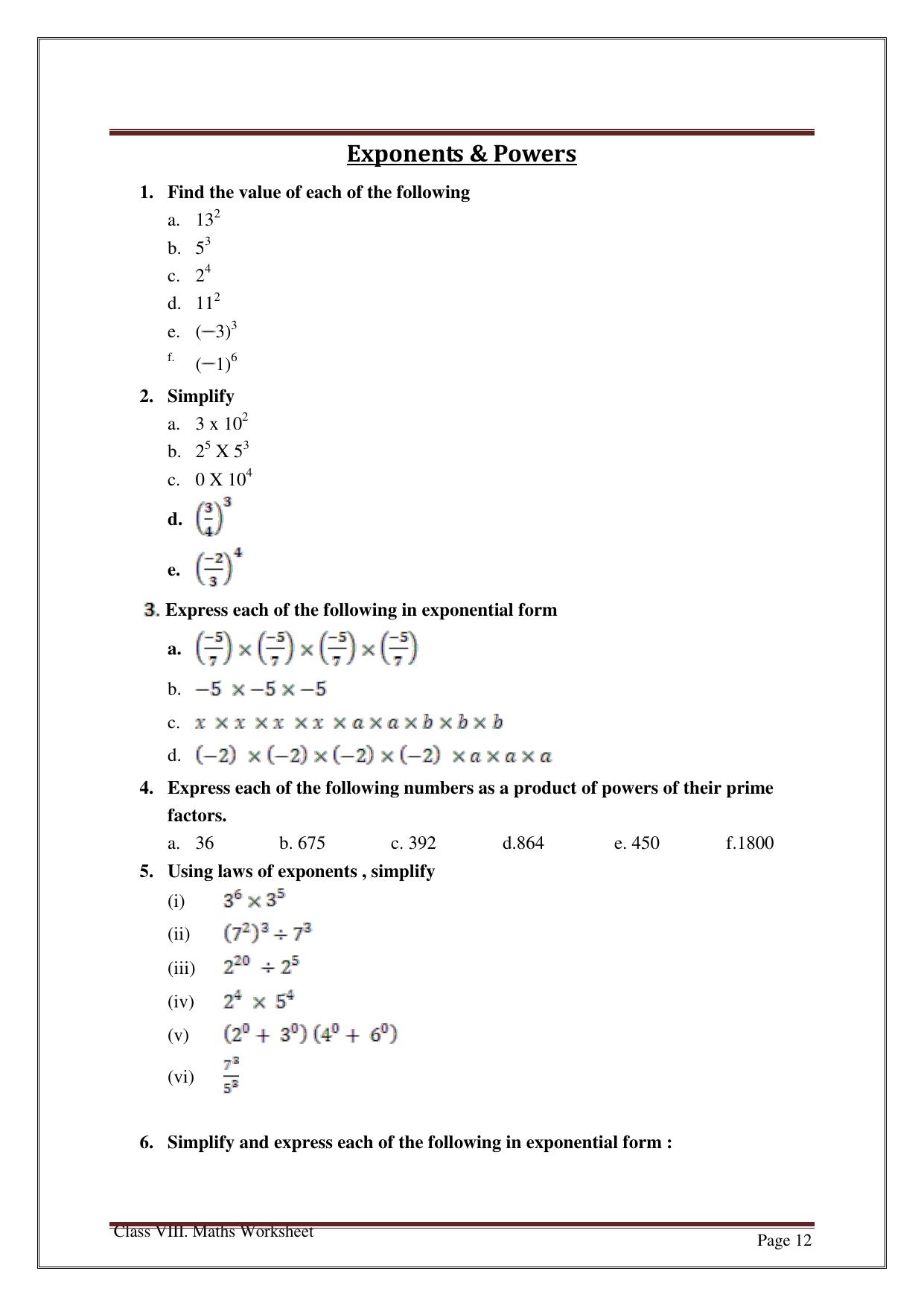 CBSE Worksheets for Class 8 Mathematics Exponents and Powers Assignment 6 - Page 1